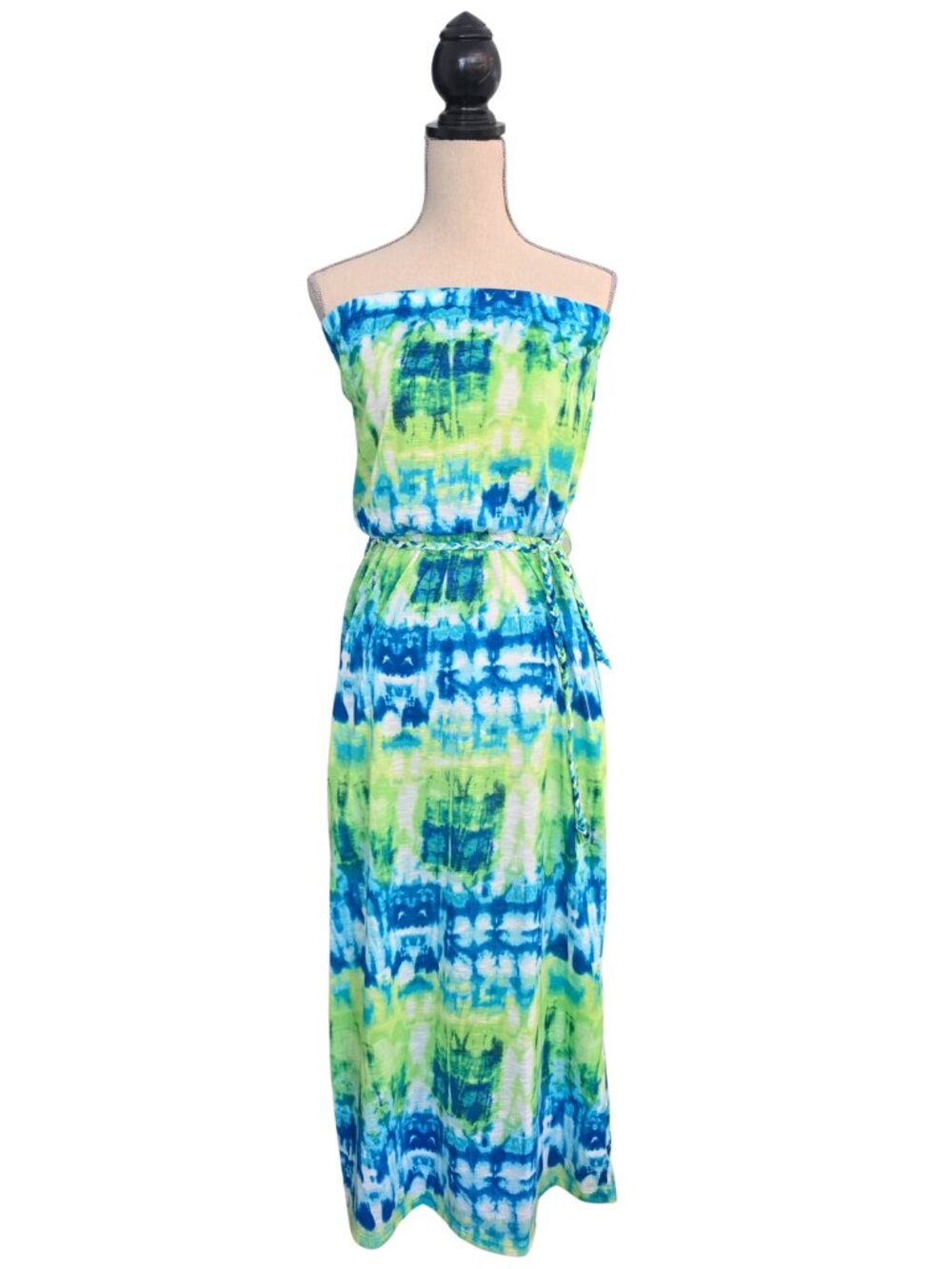 Lily Bleu Beach Blue Lime Green Tie Dye Strapless Braided Belt Maxi Dress Medium